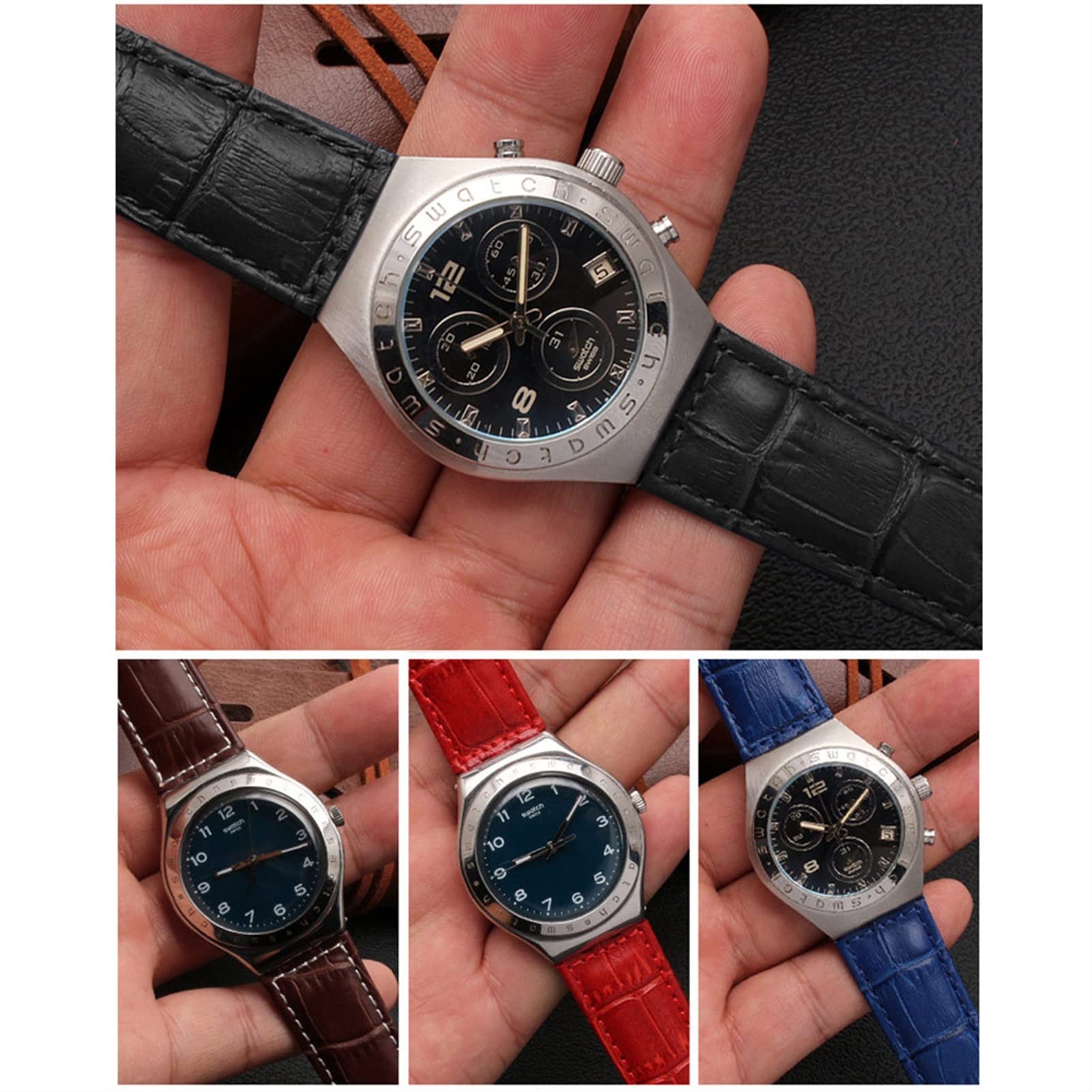 AEMALL 17mm 19mm Genuine Calf Leather Wrist Strap For Swatch Watch Band Men Women Alligator Pattern Bracelet Watchband Accessories