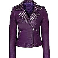 Women's Casual Purple Studded Brando Biker Motorcycle Leather Jacket