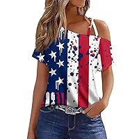 4th of July Shirts,USA Flag Stars Striped Off The Shoulder Short Sleeve Shirts, Independence Day Patriotic Tops