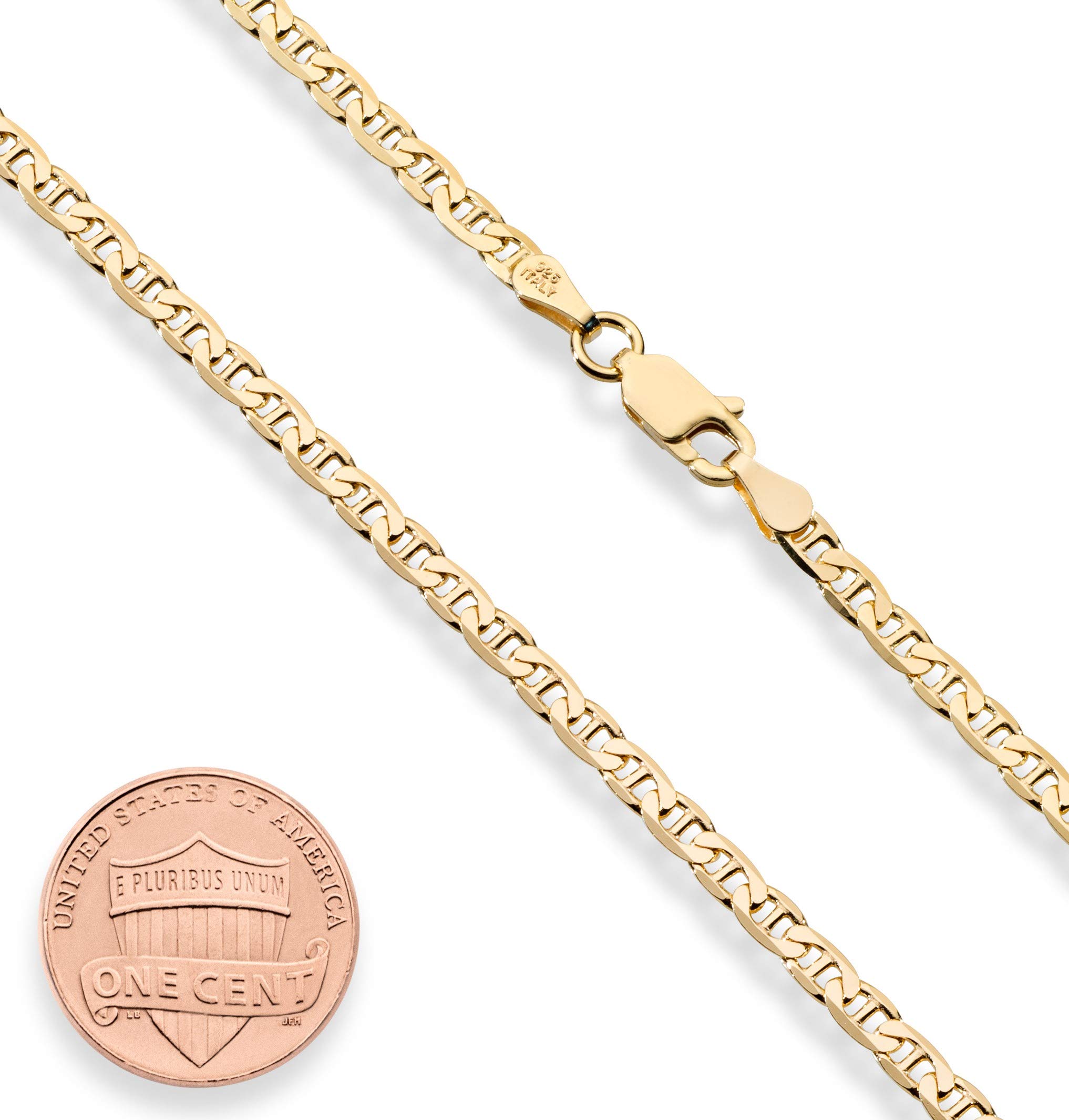 Miabella Solid 18K Gold Over Sterling Silver Italian 3mm, 4mm, 6mm Diamond-Cut Flat Mariner Link Chain Necklace for Women Men, 925 Italy