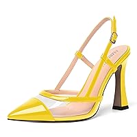 Womens Slingback Clear Fashion Pointed Toe Dress Shoes Chunky Dating Patent Sandals Stiletto High Heel Pumps Shoes 4 Inch