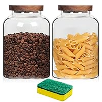 Glass Jars 66 oz, 2 Pack 2 Quart Glass Food Storage Canisters with Airtight Wooden Lids, Wide Mouth Kitchen Jars, 4.1 Pint Round Pantry Containers for Flour, Sugars, Coffees, Cookies and Dry Food