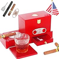 Cigar HUMIDOR and Cigar Ashtray Set with Coaster, Humidifier, Hygrometer, Cigar Cutter, Drawer with Pull Rings, Wooden Tray, Stainless Steel Ashtray,Flag,Luxury Cigar Kit Set for Men