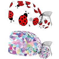Bouffant Scrub Hats with Ponytail Holder 2 Pack Adjustable Working Hat Hair Cover Surgical Hats Long Hair Leopard