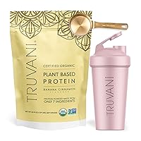 Truvani Vegan Banana Cinnamon Protein Powder with Pink Shaker Cup & Scoop Bundle - 20g of Organic Plant Based Protein Powder - Includes Stainless Steel Shaker Cup & Durable Protein Metal Scoop