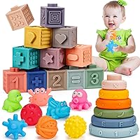26pcs Soft Montessori Toys for 1 2 Year Old Sensory Infant Teething Toy Stacking Block Ring Toy Teether Balls Bath Toys Developmental Learning Education Toy for Toddler Baby 6-12 12-18 Months Gift