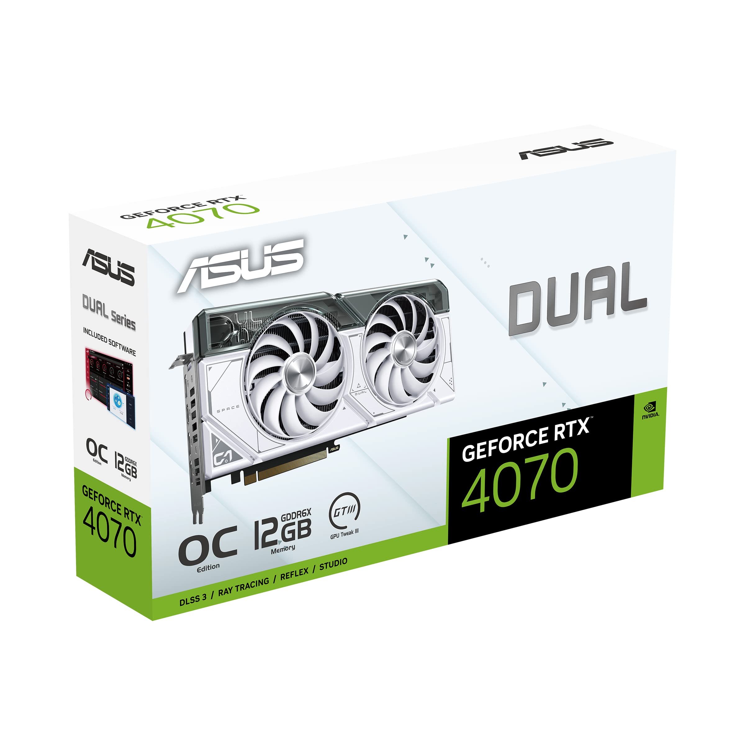 ASUS Dual GeForce RTX™ 4070 White OC Edition 12GB GDDR6X (PCIe 4.0, 12GB GDDR6X, DLSS 3, HDMI 2.1, DisplayPort 1.4a, 2.56-Slot Design, Axial-tech Fan Design, 0dB Technology, and More)