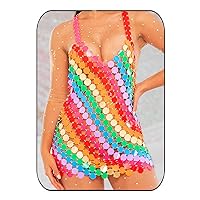 Aukmla Sequin Rainbow Mini Dress Sparkly Dots Disco Rave Chainmail Dresses Nightclub Body Chain Dress