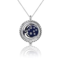 Rhodium Plated Sterling Silver with White Diamond Cut CZ Rotating Day and Night Charm Pendant Necklace on 20 to 32 Inch Chain