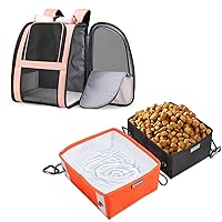 Pet Carrier Backpack with Window Blind (Pink) & 2 Pack Collapsible Dog Bowls (Orange+Black)