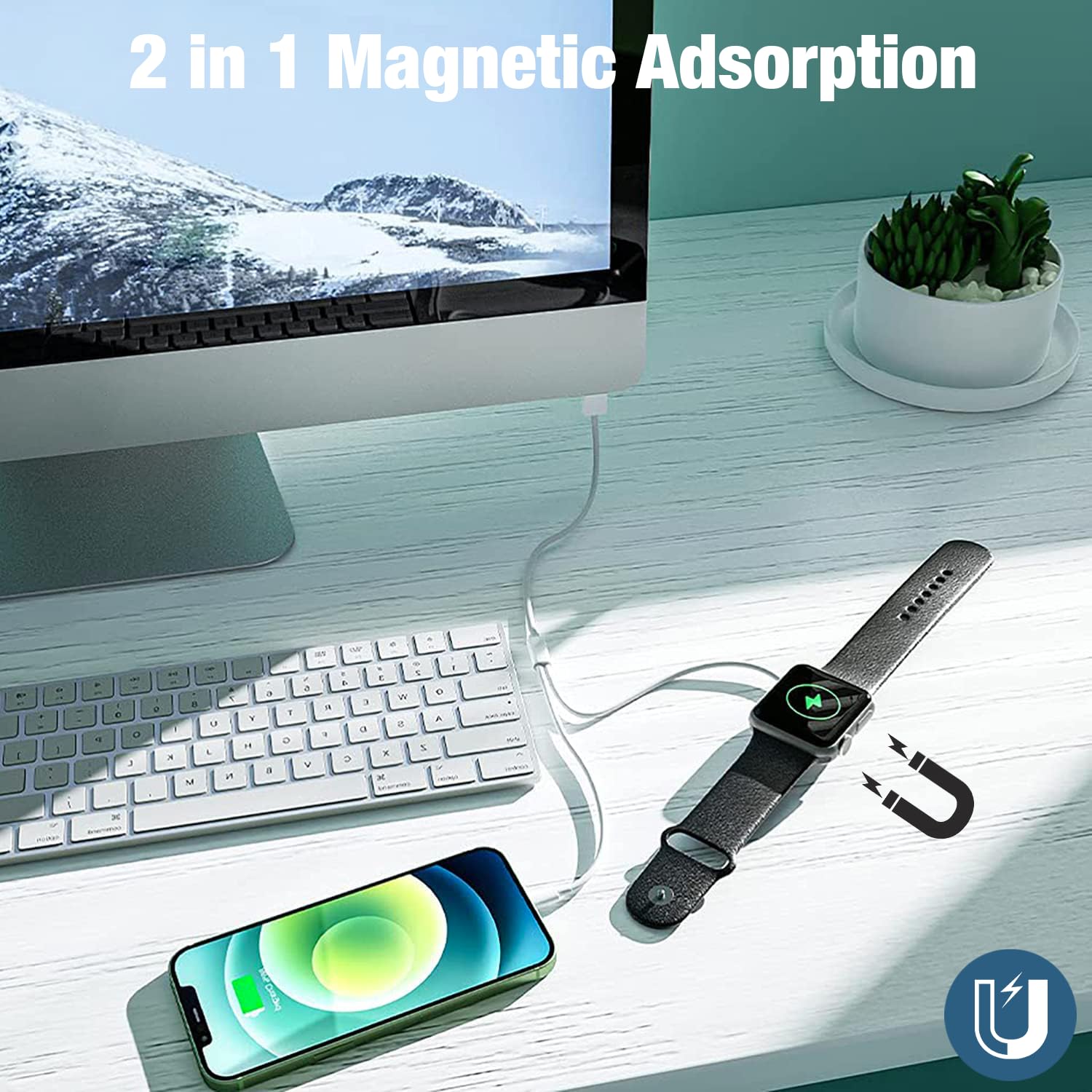 2 in 1 USB C Watch Ladekabel, Drahtlos Magnetisch Ladegerät für iWatch, 1,2 Meter Kabel Type C Uhr Tragbare Ladestation Kompatibel mit Apple Watch Serie 9/8/7/6/5/4/3/2/1/Ultra 2/Ultra/SE