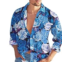 Mens Funky Floral Button Up Hawaiian T-Shirts Long Sleeve Flower Printed Beach Shirts Big and Tall Summer Casual Dress Shirt