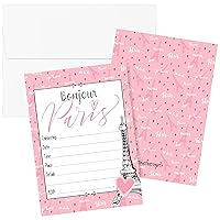 DISTINCTIVS Pink Paris Birthday Party Invitations - French Parisian Party Theme - 10 Cards with Envelopes
