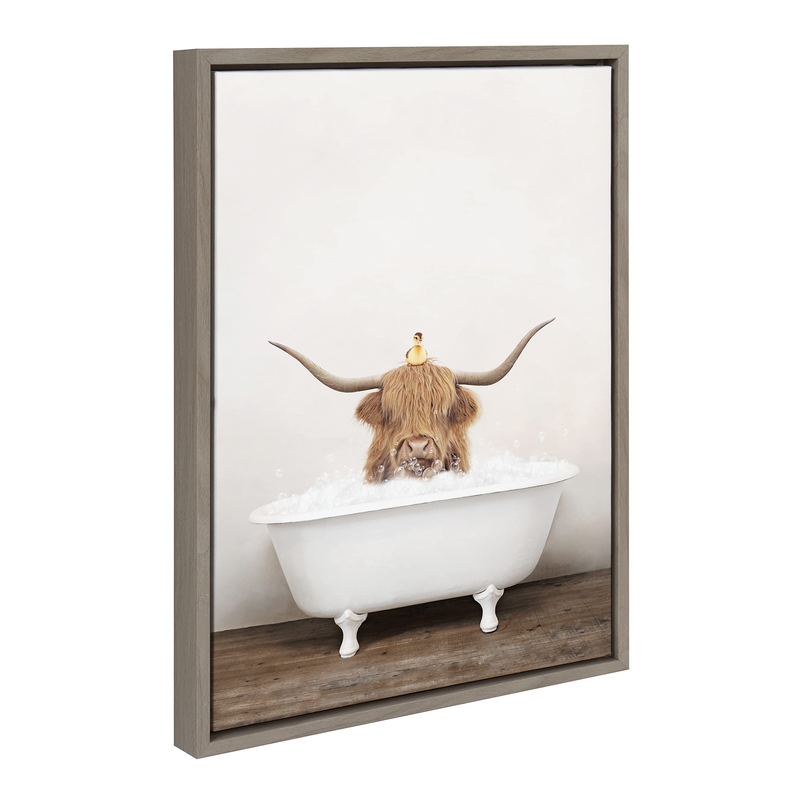 Kate and Laurel Sylvie Highland Cow and Duckling in Rustic Bath Framed Canvas Wall Art by Amy Peterson Art Studio, 18x24 Gray, Modern Fun Decorative Bathtub Wall Art for Home Décor