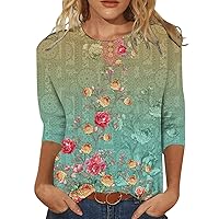 Women's 3/4 Sleeve Summer Tops Fashion Casual Round Neck Pullover Blouse Loose Floral Printed Top