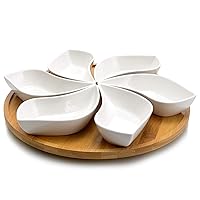 Ceramic Stoneware Condiment Appetizer Set, 7 Piece, Wavy Round in White and Natural Bamboo