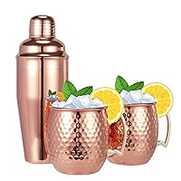 Moscow Mule Mugs Set of 3-Hammered Moscow Mule Mugs Drinking cup with 24oz Cocktail Shaker-Great Dining Entertaining bar Gift Set (Mug Set of 3 -cocktail shaker included)