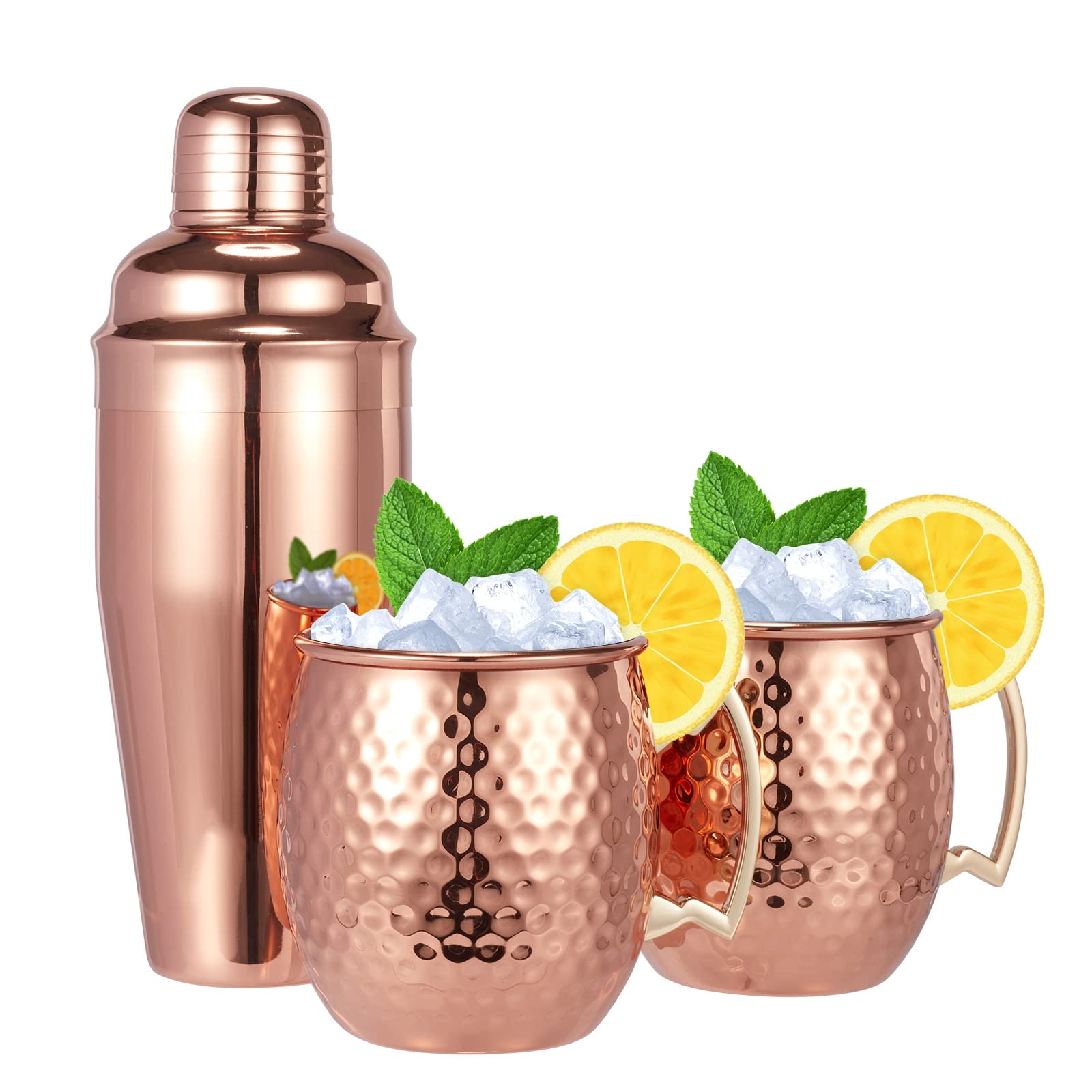 Moscow Mule Mugs Set of 3-Hammered Moscow Mule Mugs Drinking Cup with 24oz Cocktail Shaker-Great Dining Entertaining bar Gift Set (Mug Set of 3 -Cocktail Shaker Included)