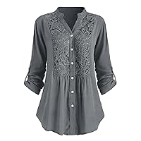Womens solid color Casual Button Down Blouse Shirts V Neck Roll-up Sleeve Floral Lace Loose Oversized Tops