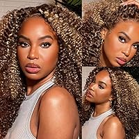 Beauty Forever #TL412 Honey Blonde Kinky Curly 13X4 Lace Front Wig Human Hair Wigs For Women,Piano Color Sun Kissed Highlight Human Hair Colored Wig 150% Density 16 Inch