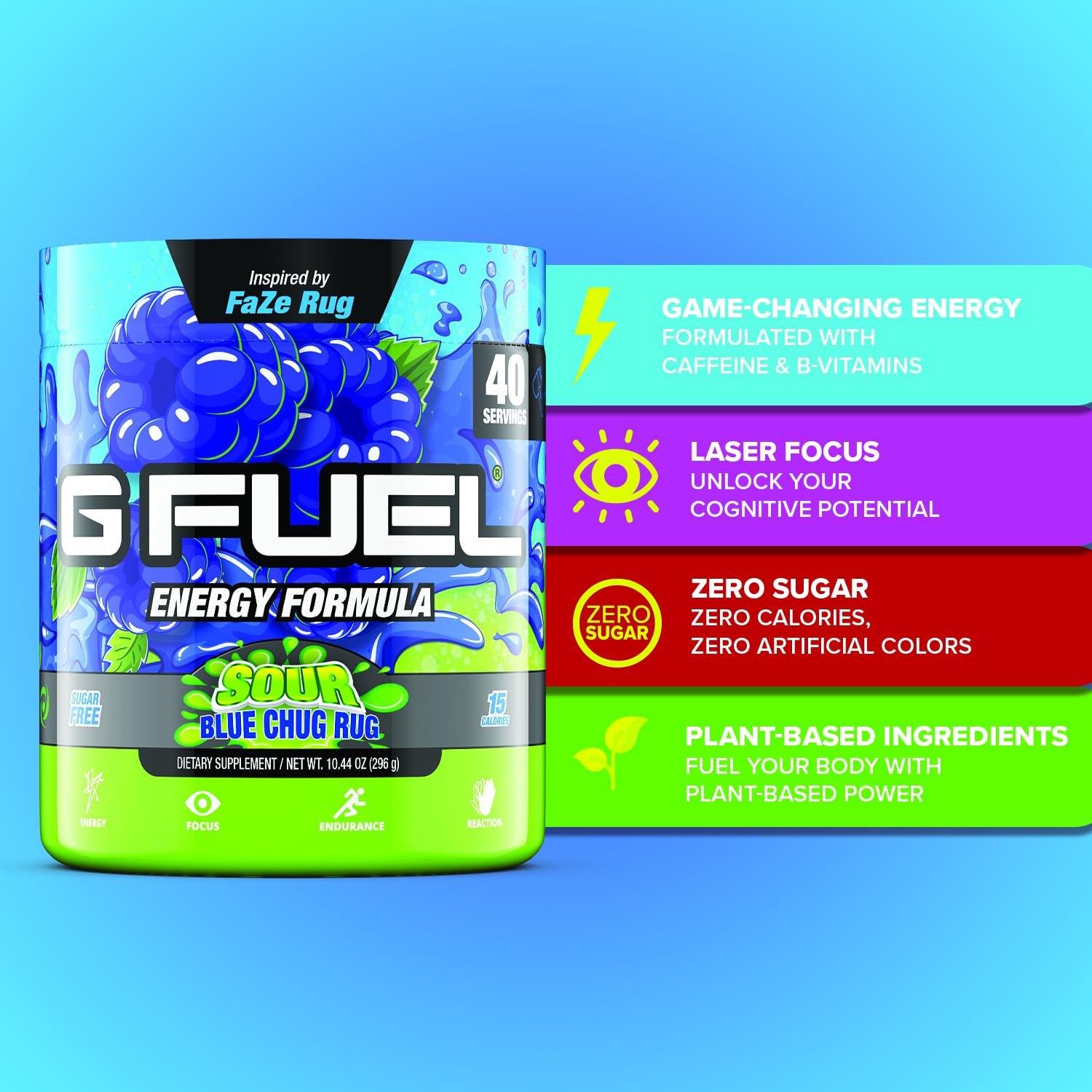 G Fuel Faze Rug Energy Powder, Sugar Free, Clean Caffeine Focus Supplement, Water Mix, Sour Blue Raspberry Flavor, with Focus Amino, Vitamin + Antioxidants Blend - 10.44 oz (40 Servings)