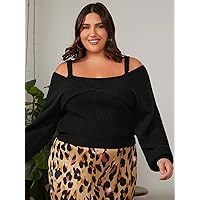 2022 Plus Size Women's Sweater Fashion Plus Cold Shoulder Dolman Sleeve 2 in 1 Sweater Work Leisure Fashion Comfortable Warm (Color : Black, Size : X-Large)