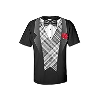 Tuxedo Short Sleeve T-Shirt Classy Tux with Plaid Vest and Rose Bow Tie