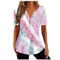 Women's Button Down Shirt Fashion 2024 Summer Short Sleeve V Neck T Shirts Printed Loose Flowy Casual Tunic Tops