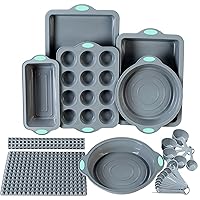 To encounter 8 in 1 Silicone Baking Set - 6 Silicone Molds - 2 Silicone Baking Mat, Nonstick Cookie Sheet, Cake Muffin Bread Pan with Metal Reinforced Frame More Strength, Light Grey