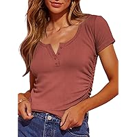Dokotoo Womens Tops Summer V Neck Short Sleeve T Shirts Ribbed Slim Fitted Side Ruched Basic Tee Blouses