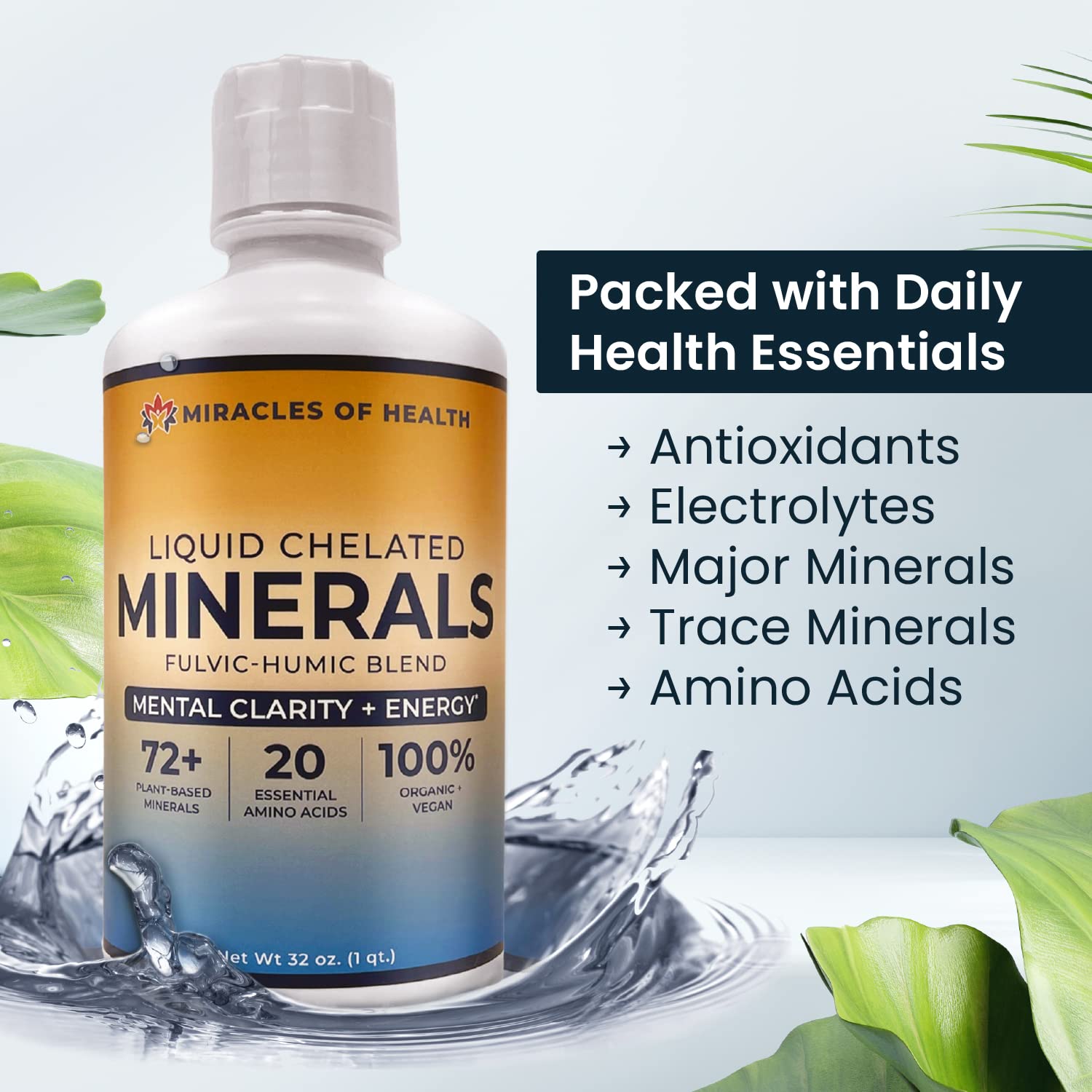 Miracles of Health Liquid Chelated Minerals, 72+ Organic Minerals, 20 Essential Amino Acids | Plant Derived, Humic Fulvic Blend, Essential Major and Minor Trace Minerals | Fast absorption, Energy, Focus | 32 oz bottle - 1 Month Supply