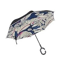ALAZA Tropical Palm Tree Leaf Navy Blue Windproof Inverted Open Close Reverse Rain Umbrella Inside Out Quality Waterproof Parasol Upside Down Stick Shelter with Hook c Handle