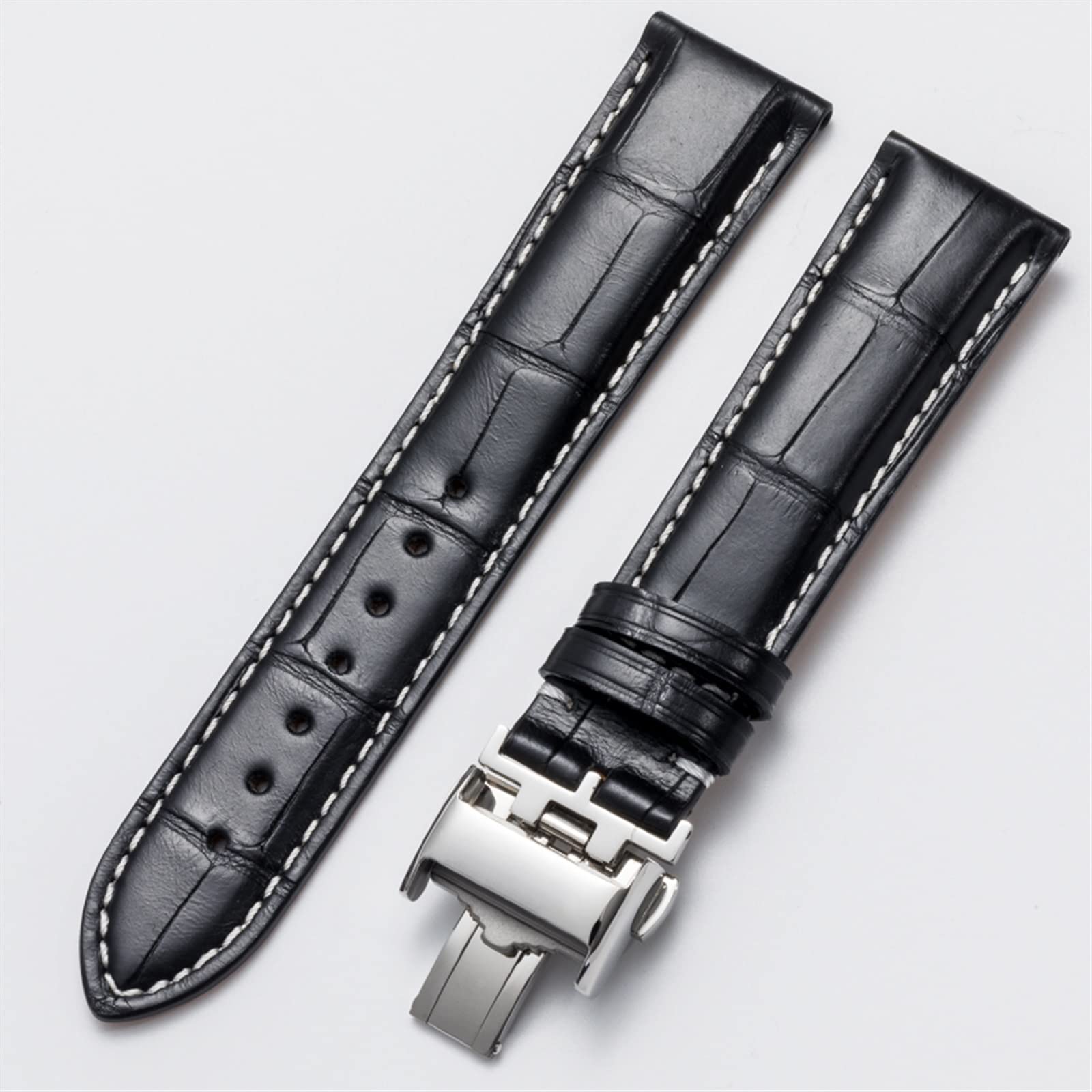 JWTPRO for Longines Original Watch Genuine Leather Strap Male Butterfly Buckle Male and Female Strap (Color : Black-Silver Buckle, Size : 19mm)
