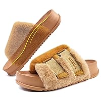 KuaiLu Womens Platform Slipper with Arch Support Soft Cushion Faux Fur Sandals Open Toe House Slipper Fluffy Slides Indoor Outdoor,6~12