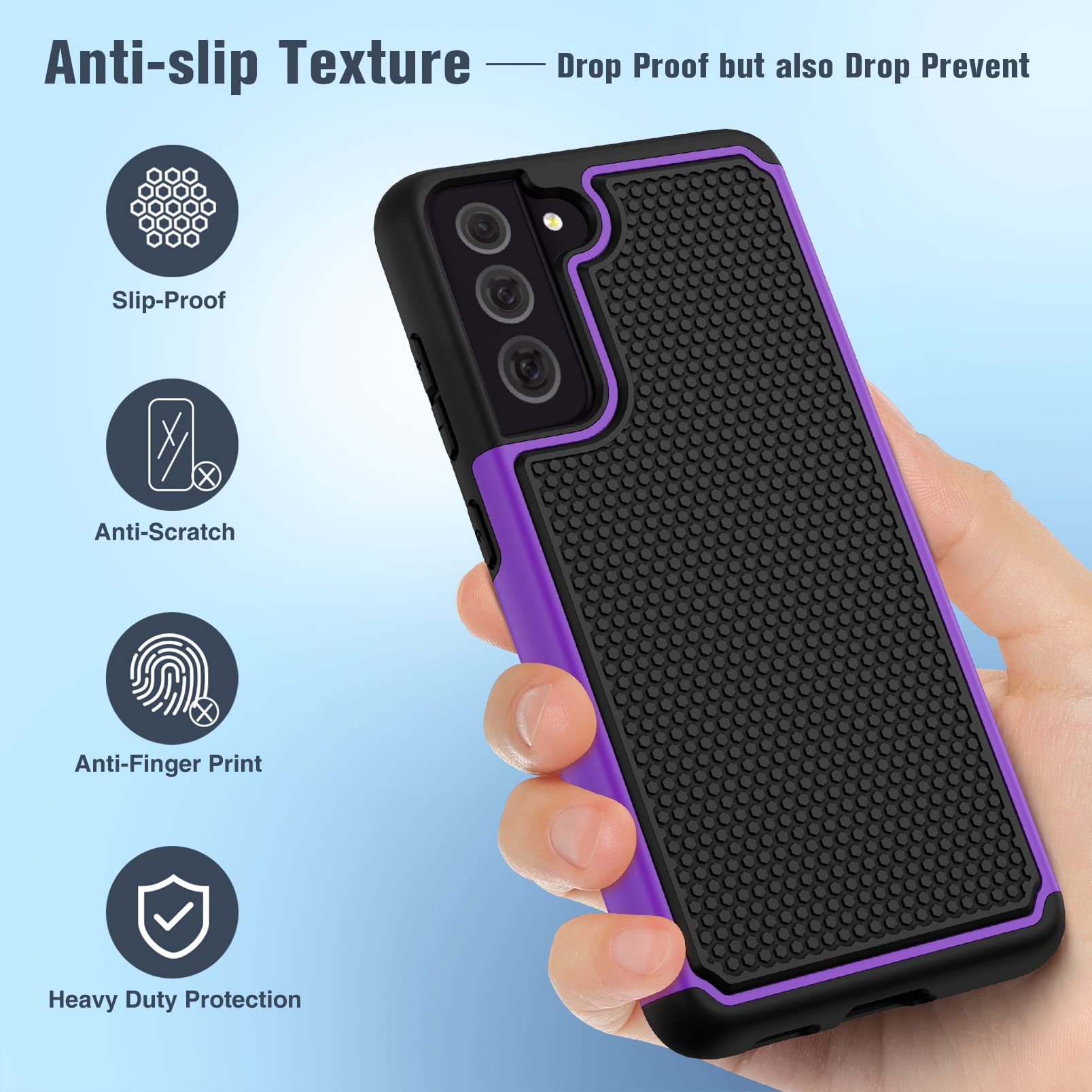JXVM for Samsung Galaxy S21 FE Case: Dual Layer Protective Heavy Duty Cell Phone Cover Shockproof Rugged with Non Slip Textured Back - Military Protection Bumper Tough - 6.4inch (Black Purple)