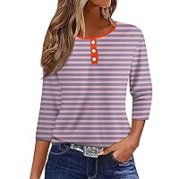 3/4 Sleeves Tops for Women Henley Neck Striped T Shirts Dressy Casual Button Down Crewneck Tee Trendy Summer Blouse