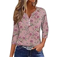 3/4 Sleeve T Shirts for Women, Casual Loose Fit Henley Neck T Shirts Cute Print Three Quarter Length Tunic Tops