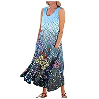 Summer Dresses 2024 Sleeveless Print Maxi Dress with Round Neck and Two Large Pockets Dresses for Women 2024