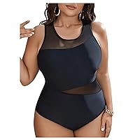 Women's Plus Size Contrast Mesh Scoop Neck One Piece Swimsuit Backless Bathing Suits Beachwear