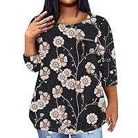Bohemian Tops for Women 2024 Plus Size Casual Versatile Pretty Loose Fit with 3/4 Sleeve Crewneck Blouses