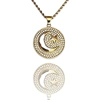 Round Crescent Moon Star Iced Necklace Men Women 14k Gold Finish Pendant Stainless Steel Real 3 mm Rope Chain Necklace, Mens Jewelry, Iced Pendant, Rope Necklace, Crescent Moon Pendant, Moon Star Necklace, Star Pendant