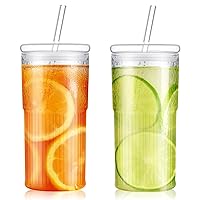 2 Pcs Glass Cups with Lids and Straws Iced Coffee Cup High Borosilicate Tumbler 18 oz Smoothie Tea Cup Fluted Ribbed Vintage Cups for Office Travel Home Water Drinking Tea Milk Soda Beer