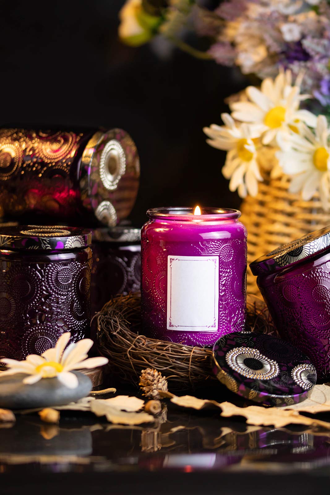 Art Secret 8oz Embossed Glass Candle Container with Tin Lid and Labels (Purple)