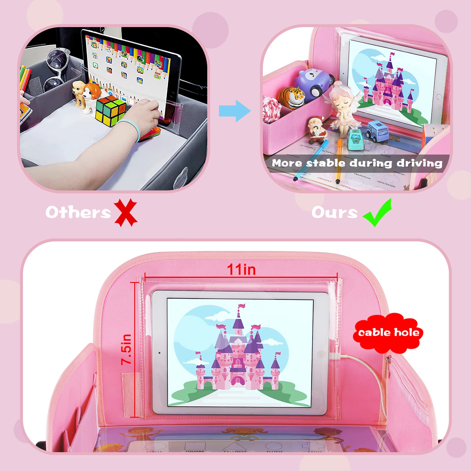 MENZOKE Kids Travel Tray for Toddler Car Seat, Lap Tray for Girl Activities with Dry Erase Board & Cooler Cup Holder, Road Trip Essentials Accessories with No-Drop Large Tablet iPad Holder Stand,Pink