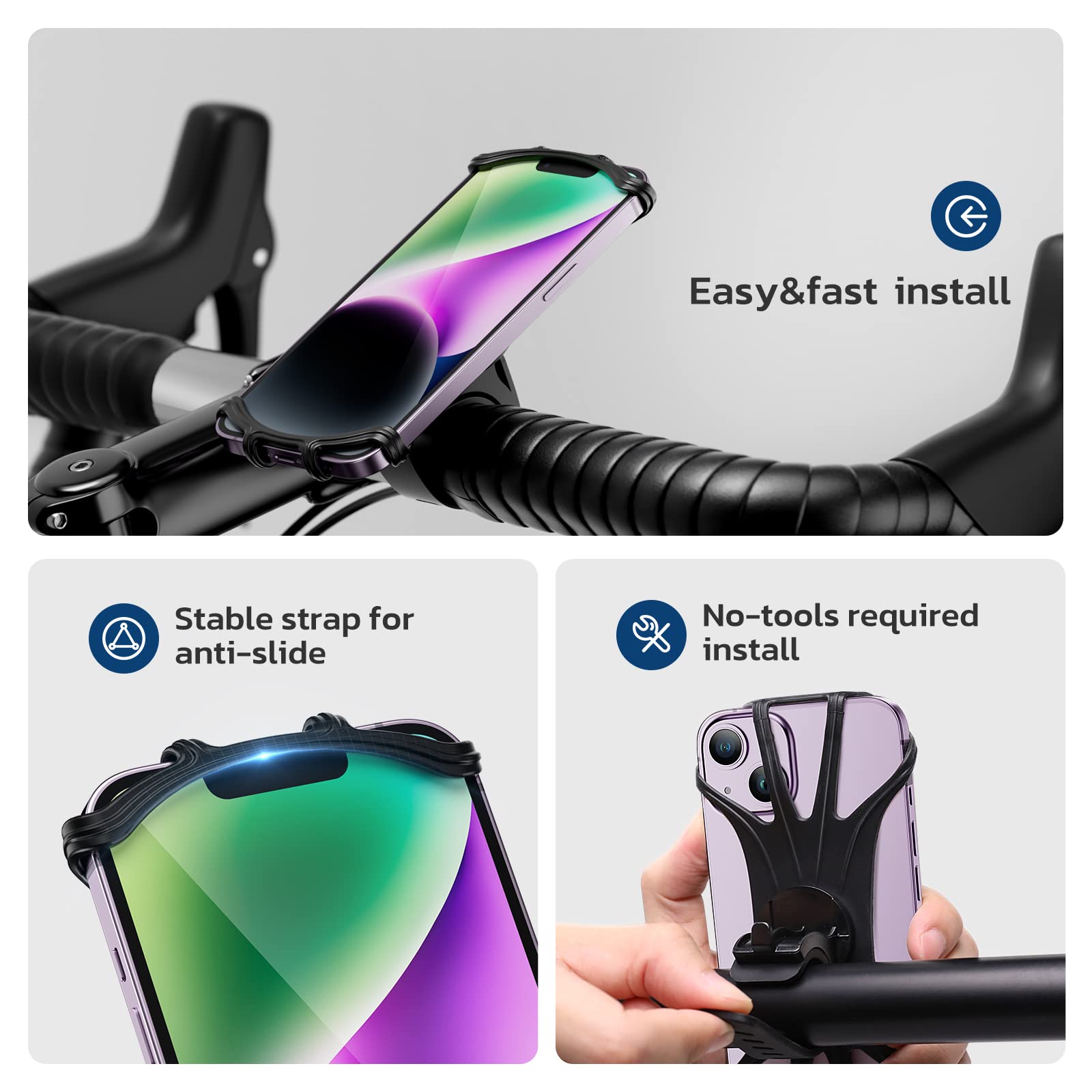 VUP Bike Phone Mount, Universal Bike Cell Phone Holder, 360° Rotatable, Silicone Bicycle Phone Mount Compatible with iPhone 14/13/Pro Max/Pro/mini/12/11/Xs/Max/Xr/X/7/8/Plus, 4.0''~6.7'' Cellphones
