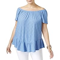 Womens Plus Eyelet Off-The-Shoulder Peasant Top Blue