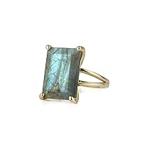 Rectangle Labradorite Ring - Fascinating Gemstone Cocktail Rings in 14k Gold - Statement Jewelry for Women - Handmade Customizable Birthstone Fashion for Her - All Ring Size Available