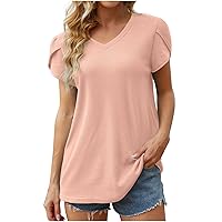 Womens Petal Sleeve Waffle Knit Tunic Tops V Neck Short Sleeve Fashion Blouses Summer Casual Loose Fit Comfy Clasic T-Shirts