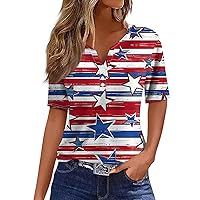 American Flag T Shirt for Women Button Henley Neck Patriotic Shirts 4th of July Short Sleeve Stars Stripes Tops Tee