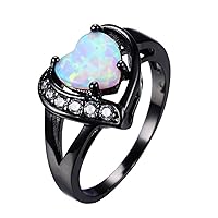 Women White Opal Heart Ring With Zircon sterling silver engagement ring black fashion ring